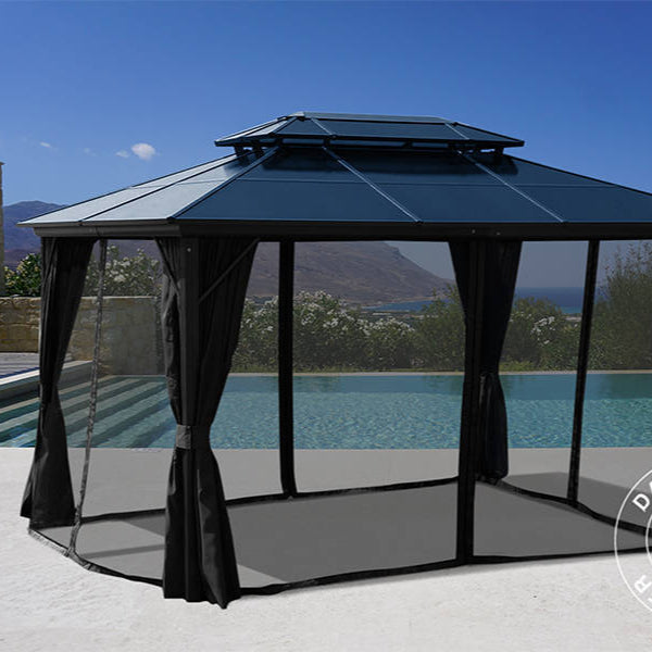 Tonnelle Santa Ana avec rideaux et moustiquaire, 3x4m, noir
